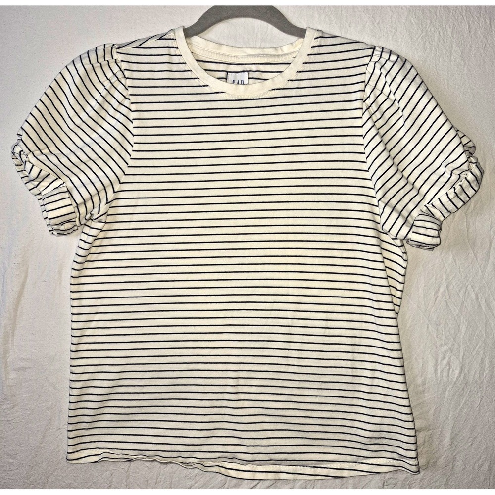 GAP White Blue Striped Ruffle Short Sleeve Crew Neck Jersey T-Shirt Women's M